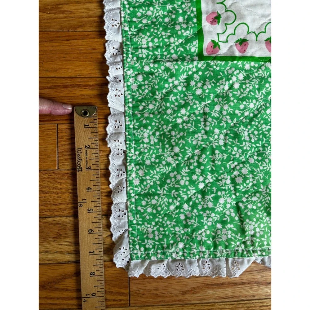 Vintage 80s Strawberry Shortcake Baby Crib Quilt Eyelet Lace 43x33 Retro